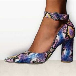 Deltan Jami Multi-Color Snake Print Ankle Strap Block Heel Pump Size 10 LNC